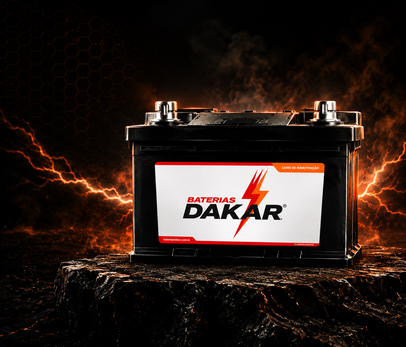 Bateria Dakar premium com efeitos de energia elétrica laranja ao fundo